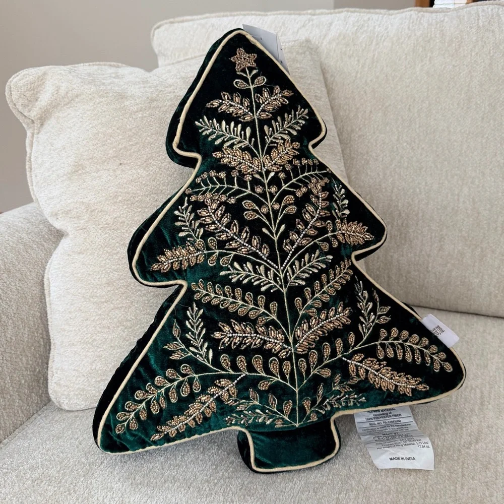 34th & Pine Elegant Embroidered Green Velvet Tree Pillow with Gold Accents